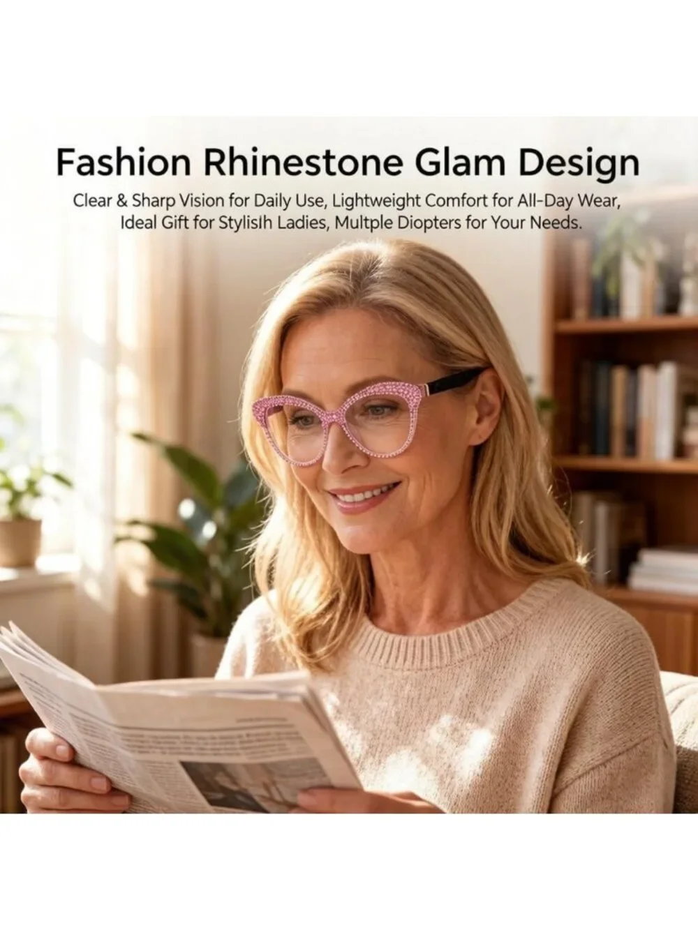 Chic Cat Eye Reading Glasses for Women, Bling Rhinestone Frame, Stylish Daily